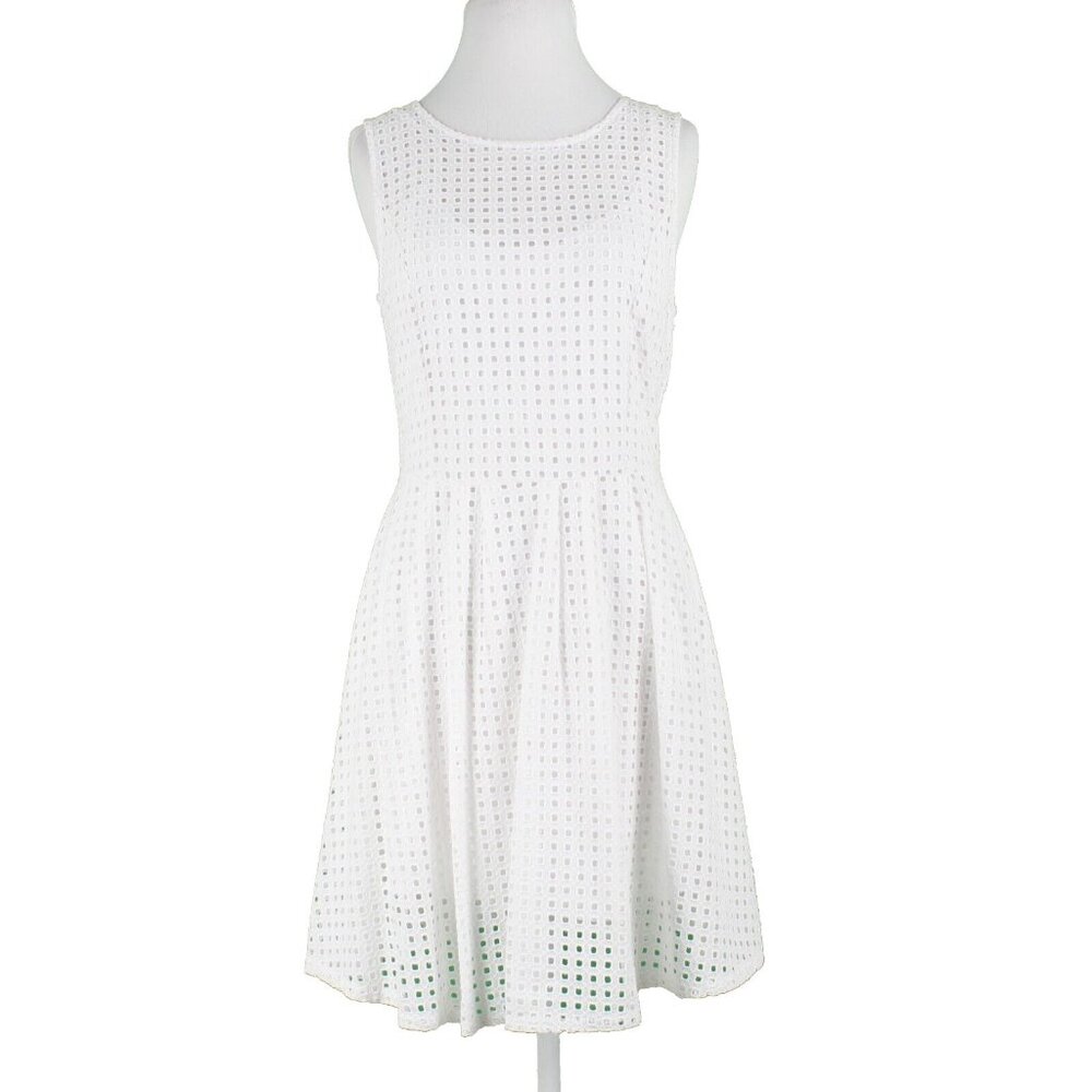 Halogen Sz MP White Lace Eyelet Overlay Lined Fit n Flare Cotton Rayon Lnd Dress